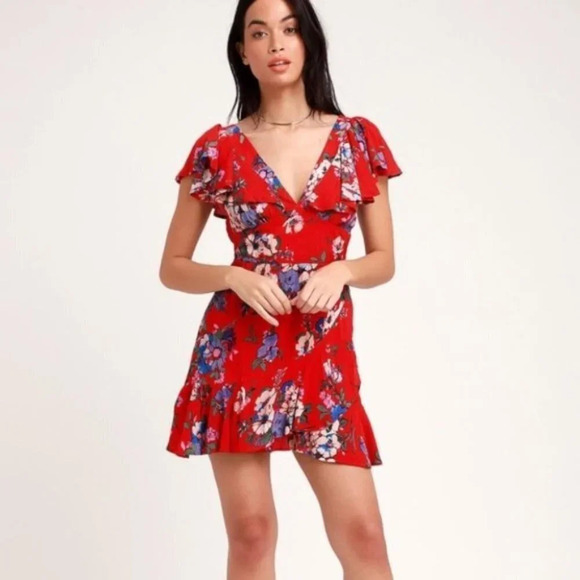 Band of Gypsies Dresses & Skirts - Band of Gypsies Maldives Red Floral Ruffle Dress Sz S